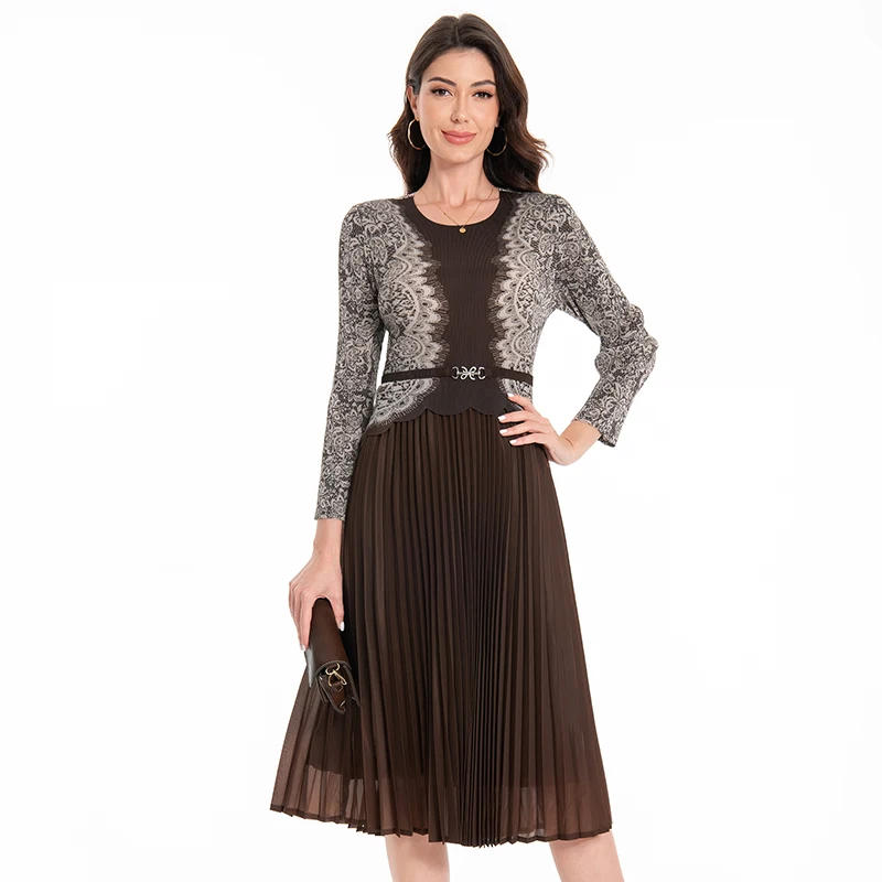 

2024 Miyake Pleated Fake Two Women's Autumn New Style Temperament Versatile Waist Cinched Round Neck High-end Plus Size Dress