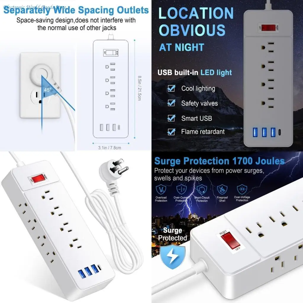 

A3PD Low Profile Flat Plugs Power Strips 12Outlets Mountable USB Charging Stations