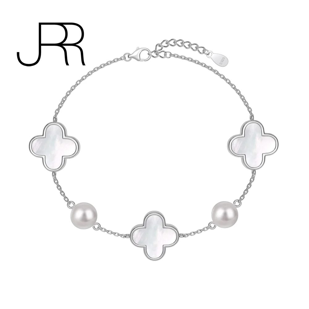 JRR 100% 925 Sterling Silver Four Leaf Pearl Girl Bracelets Party Cocktail Fine Jewelry Birthday Gifts Free Shipping