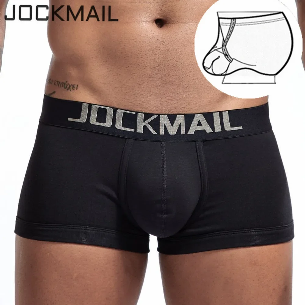 JOCKMAIL Sexy Men Underwear penis ring pouch U convex Low waist breathable Gay Men Boxer Cotton Bullets Separated solid white