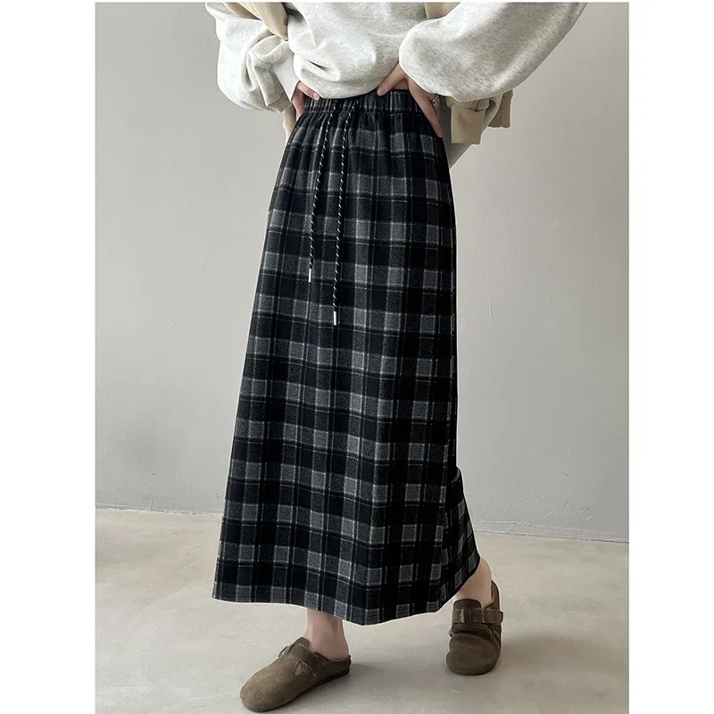 2024 New Arrival Autumn/winter Korea Style Women Loose Fit Casual Plaid A-line Skirt High Waist Woolen Ankle-length Skirts V219