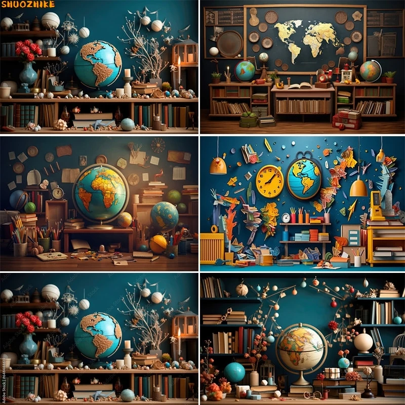 

Books Globe Bookshelf Teacher Holiday Photography Backdrops Children Back to School Room Decor Photo Studio Background GO-01