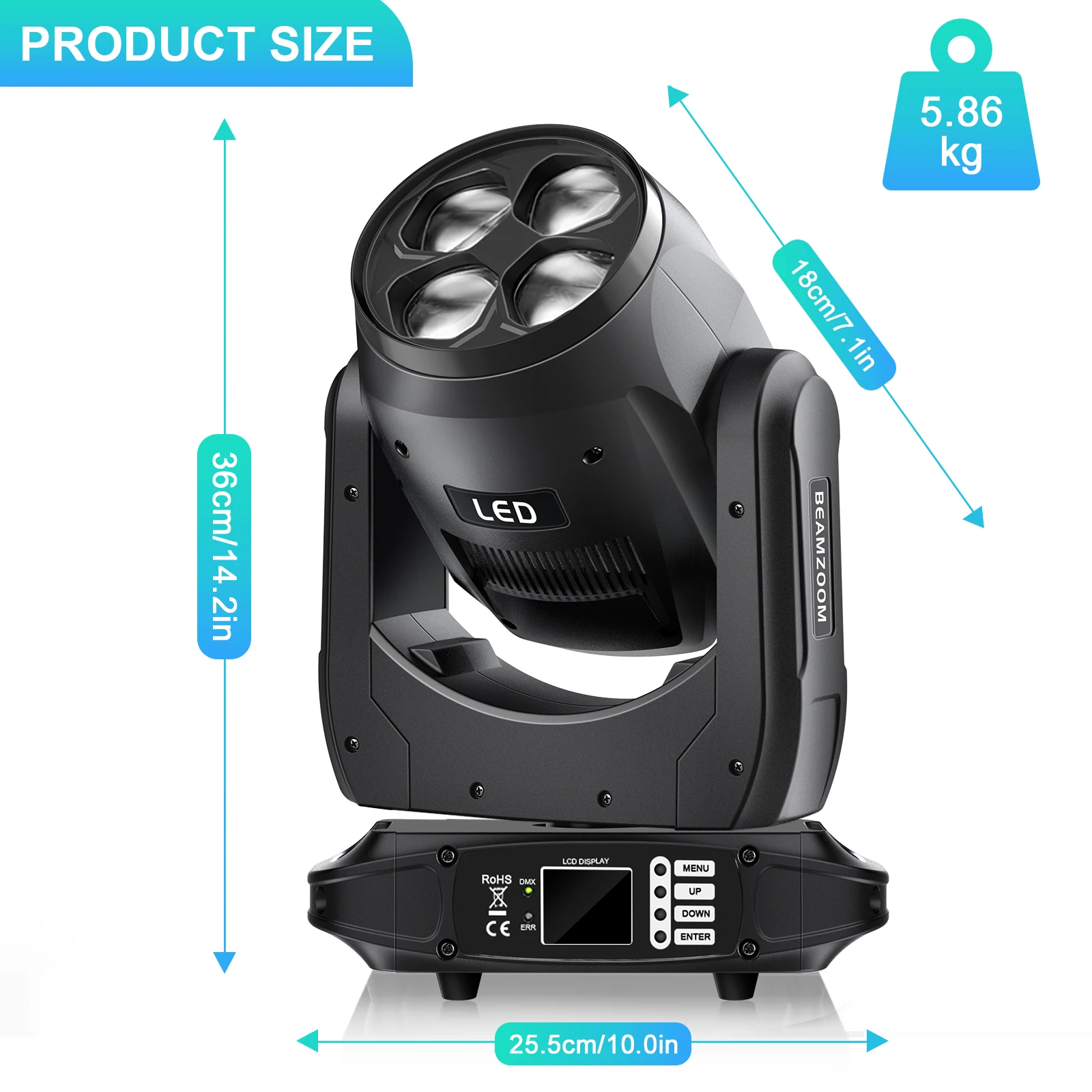 U'King-Projecteur de Lumière LED à Tête Mobile, avec Œil à Équation, Effet Zoom RGBW, Projecteur de Scène Rotatif pour DJ et ixde Chang, 160W, 4x40W