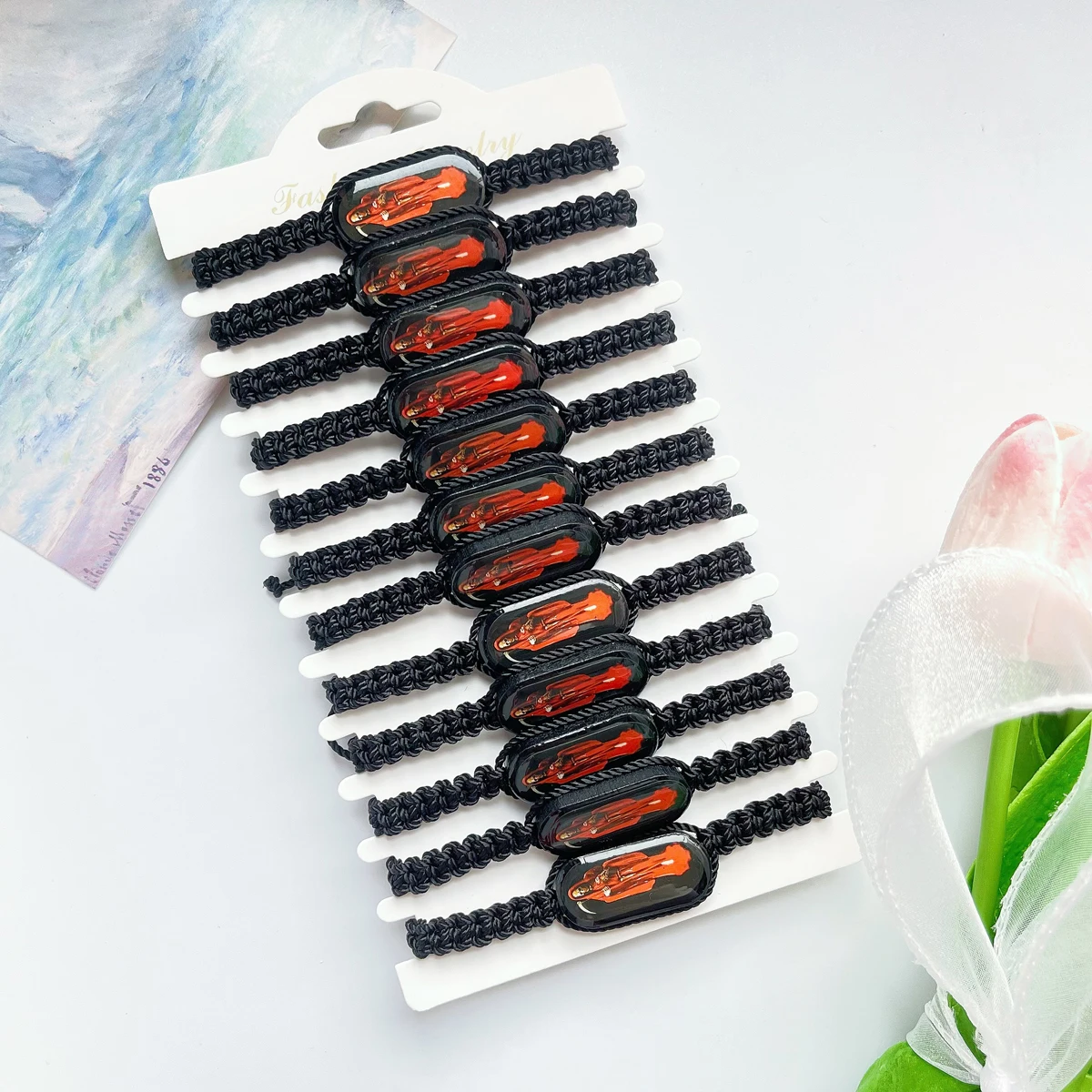 

12 Piece Black Drip Oil Reaper Wood Block Black Woven Bracelet Vintage Men's Daily Festival Adjustable Bracelet Set