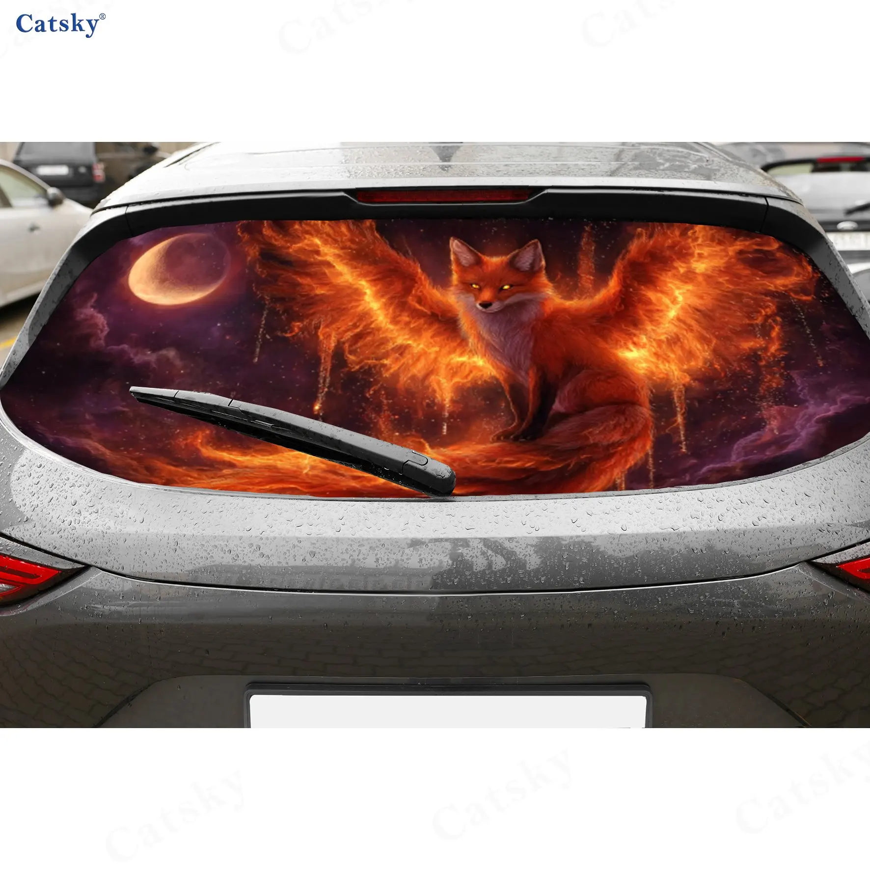 Blazing Spirit Fox PVC Perforated Car Vinyl Wraps, Durable Car Rear Windshield Sticker, Waterproof Car Rear Window Decal