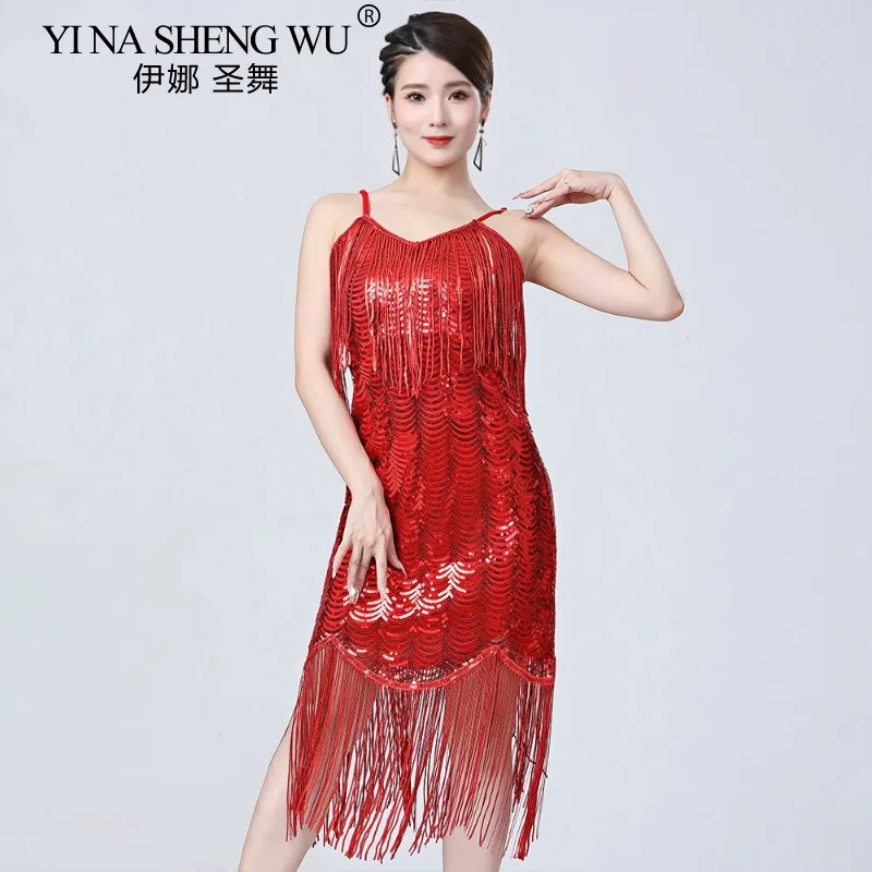 Robe de danse latine à franges pour femmes, nouvelle collection, Sexy, écharpe, paillettes, pompon, Costume de danse de salle de bal moderne, robe de Cocktail Gatsby