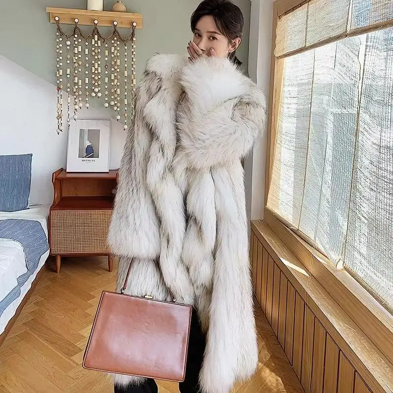 Women Faux Fur Turn Down Collar Fox Fur Outerwear Overcoat Spliced Pockets Winter Thick Warm Fur Overcoat High Street 2025