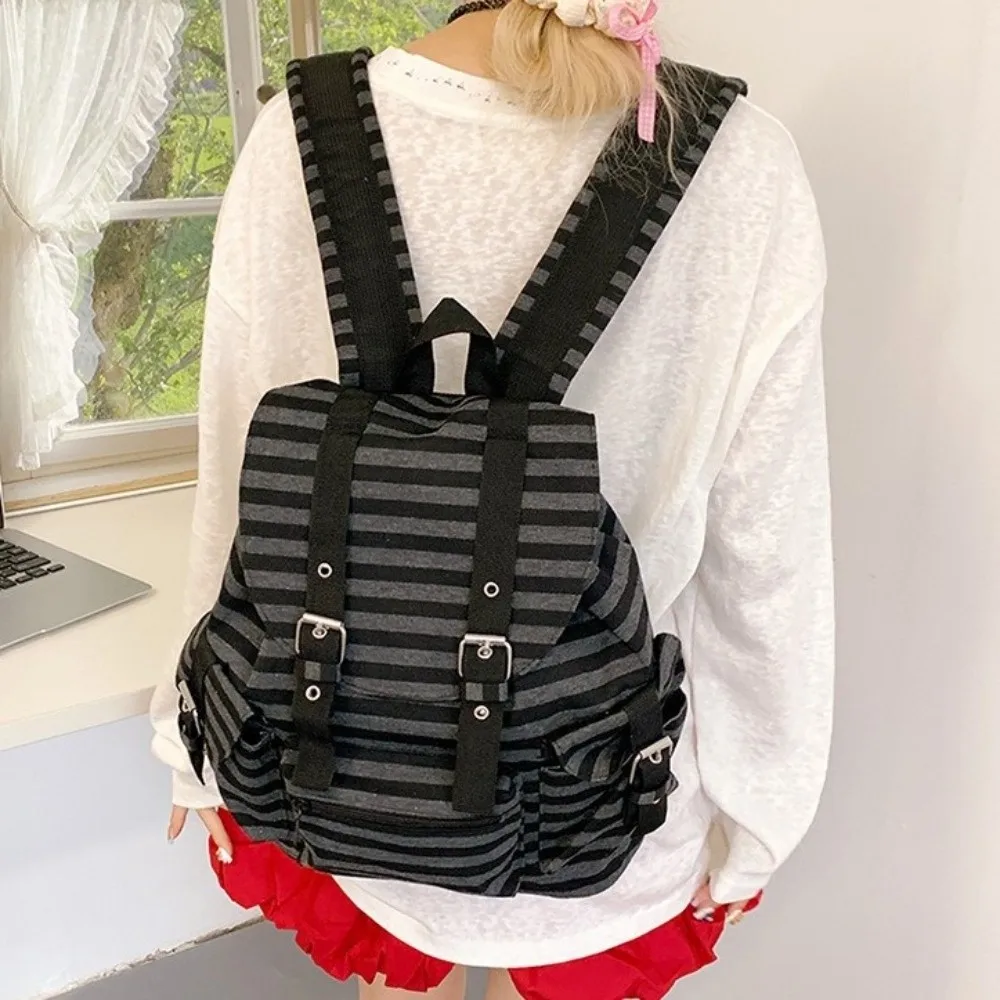 Cute Large Capacity Striped Backpack Y2K Korean Style Students Schoolbag Nylon Multi-pocket Hiking Camping Bag College