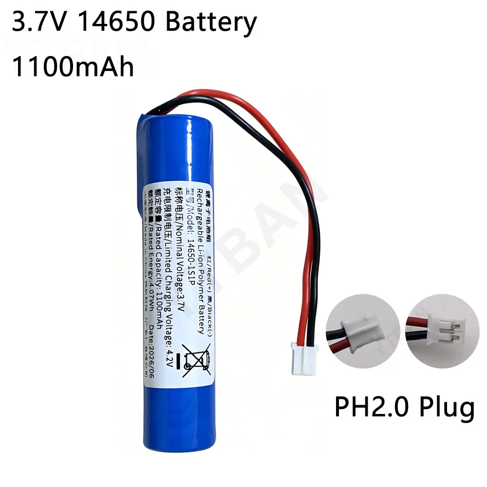 14650 Wiederaufladbare Lithium-Batterie 1100mAh 3,7V für Bluetooth-Lautsprecher Taschenlampe Smartwatch Multimeter mit PH2.0 Stecker