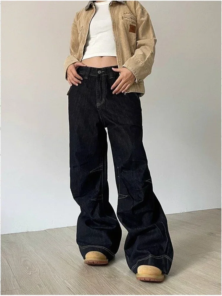 Deeptown Grunge Black Jeans Women Y2k Vintage Oversized High Street Wide Cargo Denim Trousers Casual Baggy Straight Denim Pants