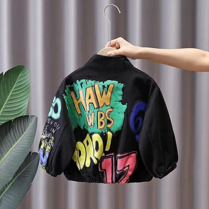 Boys' Autumn Jacket 2026 New Children's Graffiti Printed Jacket Spring and Autumn Handsome Black Denim Coat