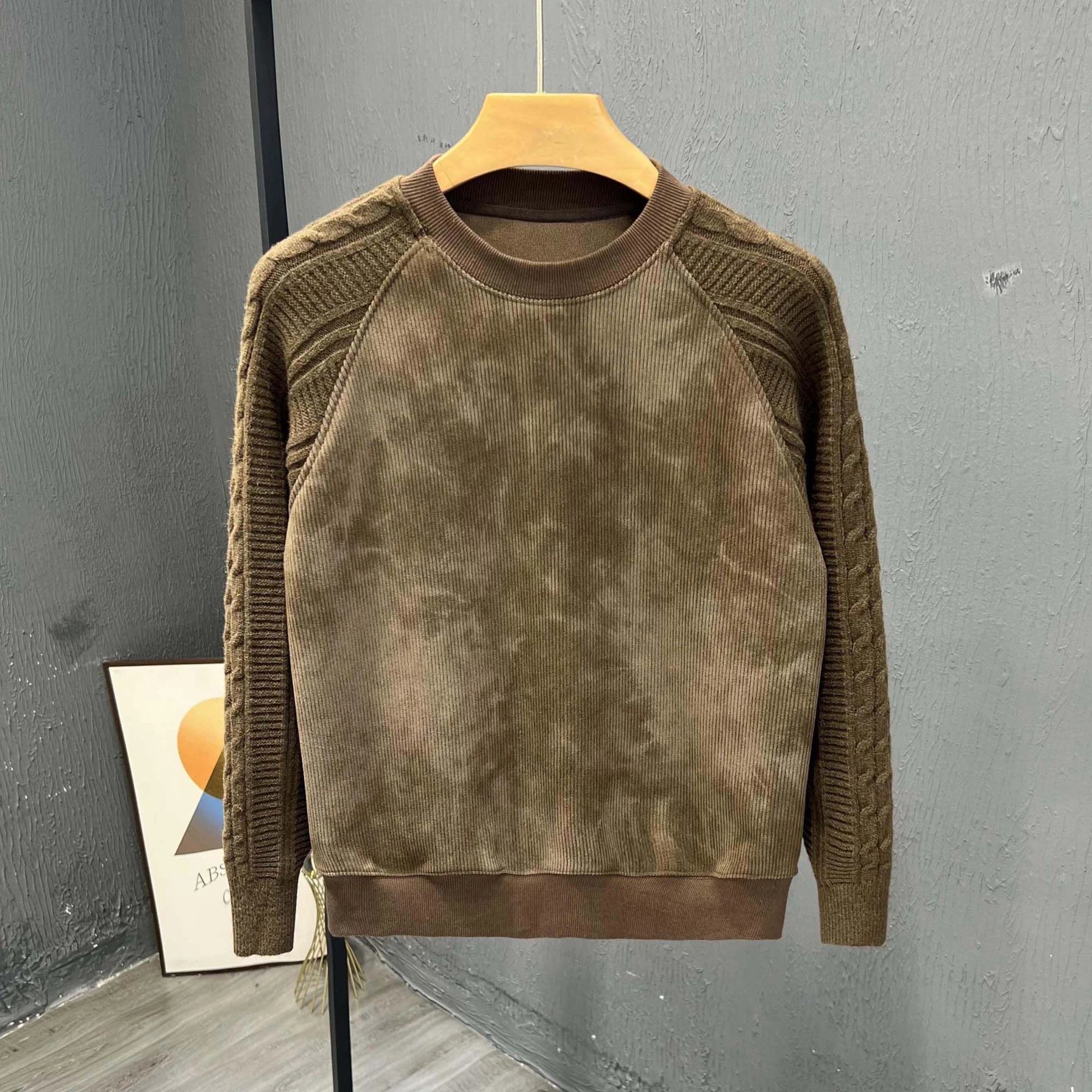 

Модный свитер с круглым вырезом и лоскутным дизайном для мужчин, простой и стильный, осенний сезон, повседневная одежда, полиэстер