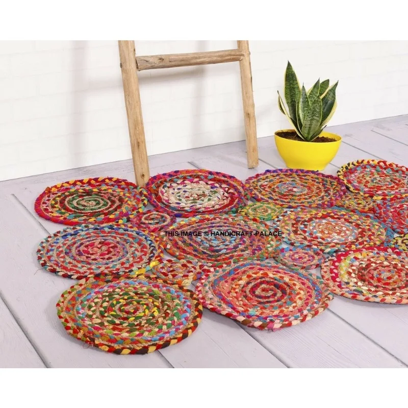 Rugs for Bedroom Round Rug Vibrant Colourful Jute Flatweave Braided Floor Carpet Mat Pile Soft