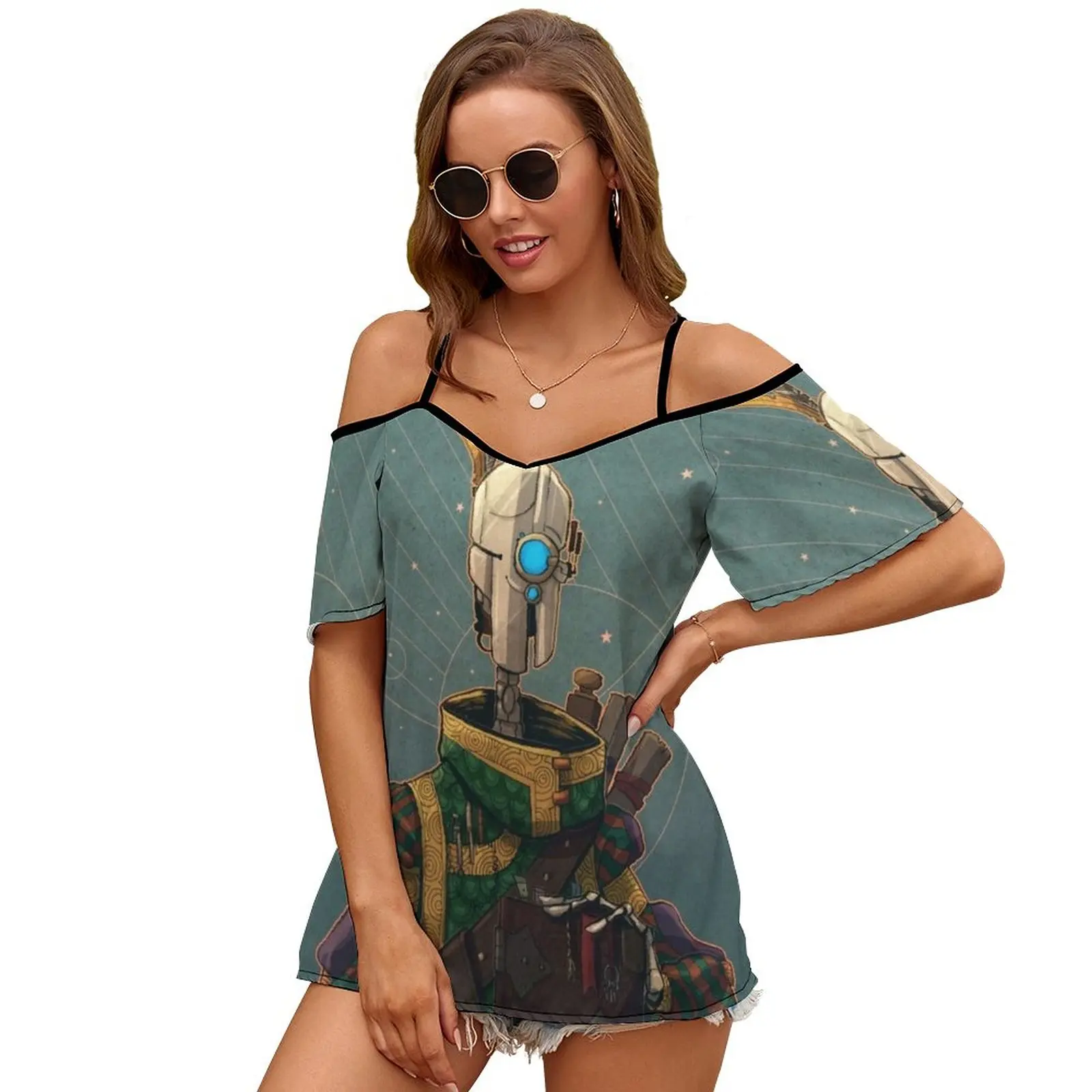 The Scholar Sexy And Club Fashion Female T-Shirt Short Sleeve Off Shoulder Lady T Shirts Robot