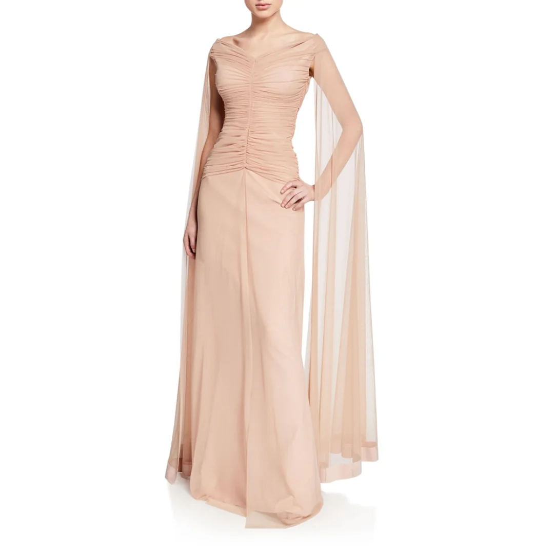 Customized Grace Chiffon Mother of the Bride Dresses for Wedding Pleats Top Long Capelet Champagne Cape Women Wedding Party Gown