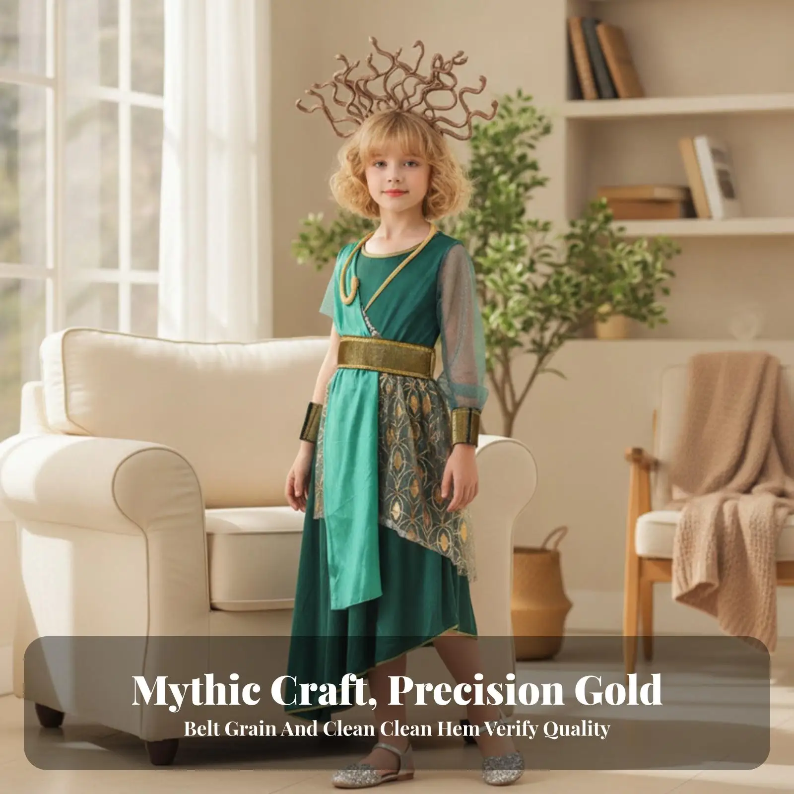 Medusa Costume for Children with Snake Shaped Headpiece and Mesh Sleeves for Parties