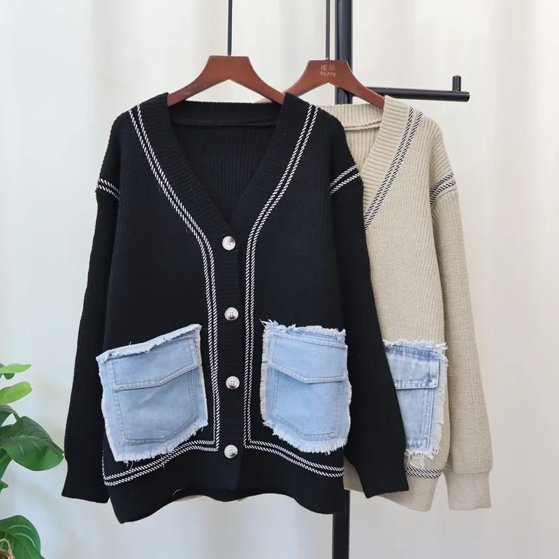 2024 Women Sweater Denim Patchwork Cardigan Kintted Loose Spring Autumn Vintage Winter Streetwear Y2k Jumper Coat Cardigans