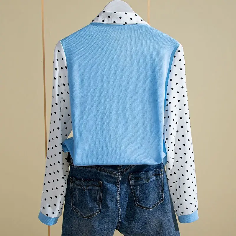 2023 New Fashion Versatile Polka Dot Print Long Sleeve T-Shirt Women Korean Polo-Neck Embroidered Flares Fake Two Pieces Tops