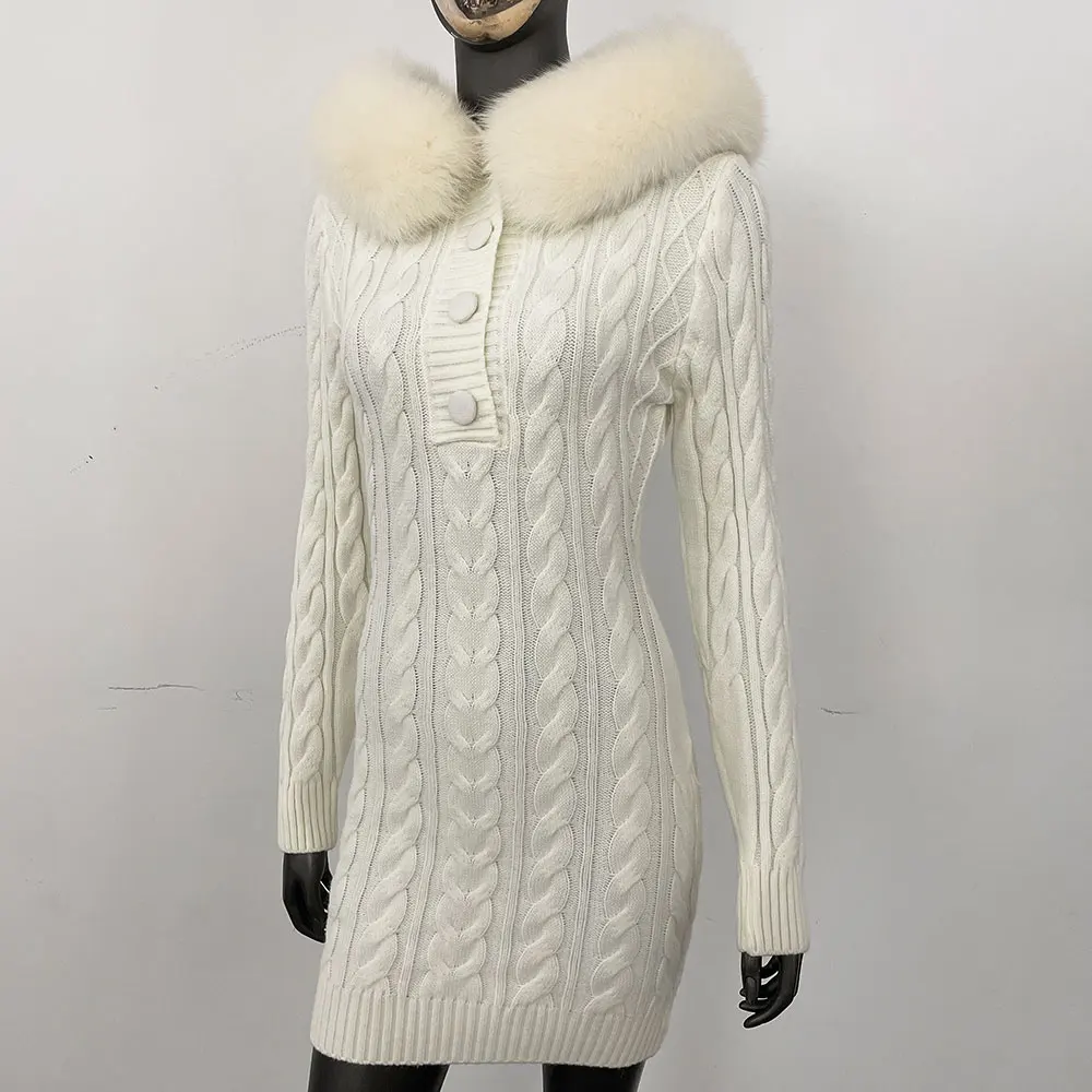 Herbst Winter Elegante Frauen Echtpelz Pullover Rot Schlank Pelz Patchwork Mit Kapuze Gestrickte Kleid Weibliche Große Pelz Strickwaren Hoodie Tops