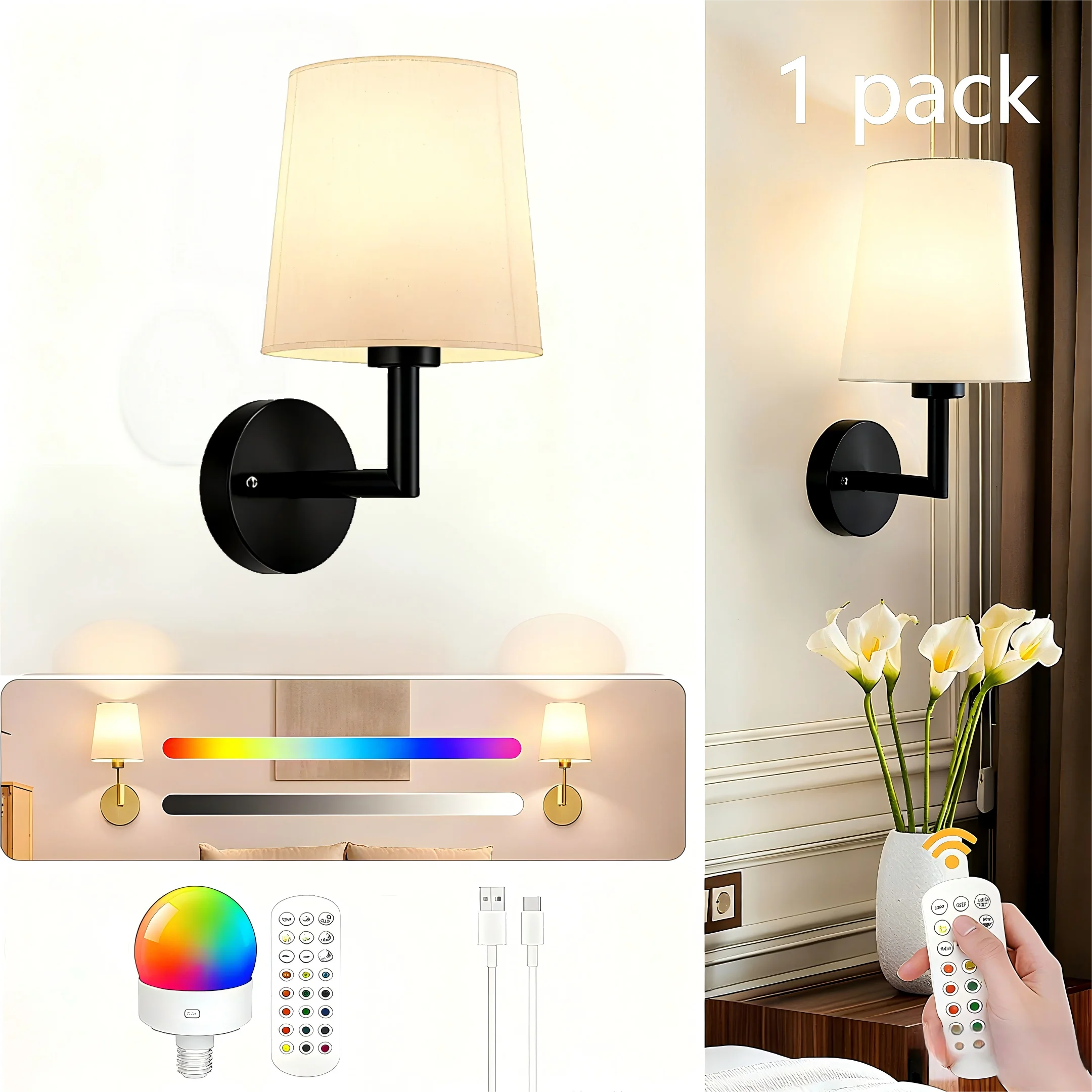 

Набор из 1 настенных бра с батарейным питанием, черные беспроводные бра с дистанционным управлением и перезаряжаемые лампы, беспроводной настенный светильник 12 цветов