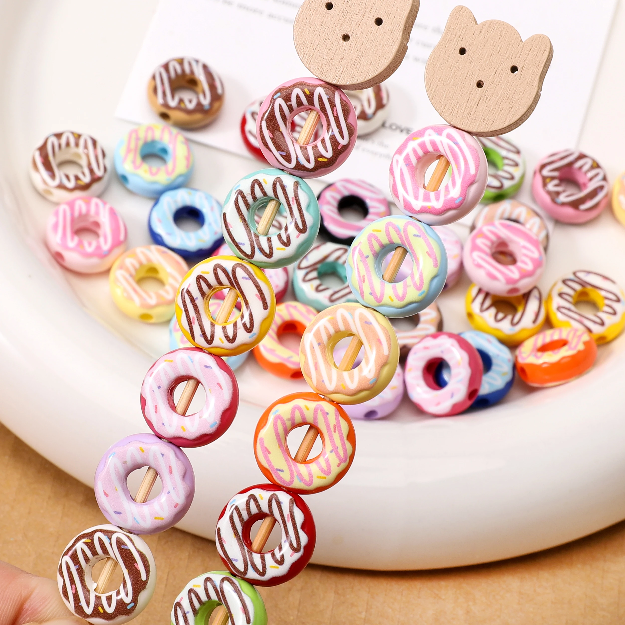 1/5Pcs 16mm Colorful Pattern Print Geometry Round Cartoon Donut Shape Acrylic Spacer Beads For Diy Jewelry Making Accessories