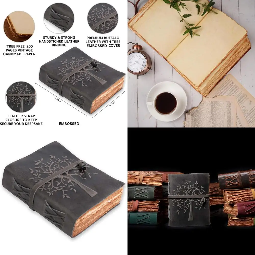 Антикварная бумага ручной работы Deckle Edge, винтажный журнал в кожаной переплете, Древо жизни, Книга теней, 13x8 дюймов, для женщин и мужчин