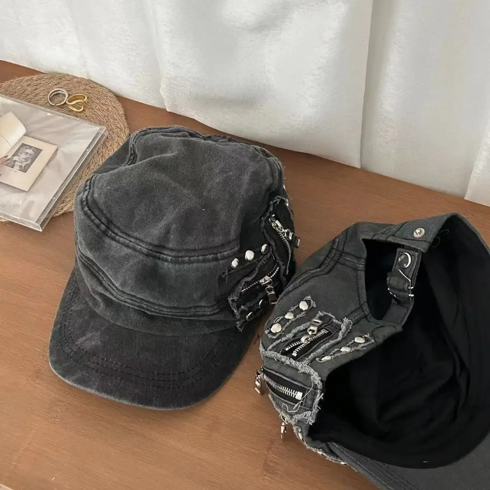Fashion Cloth Rivet Denim Beret Y2k Washed Cotton Equestrian Hat Zippers Fashion Newsboy Cap Autumn
