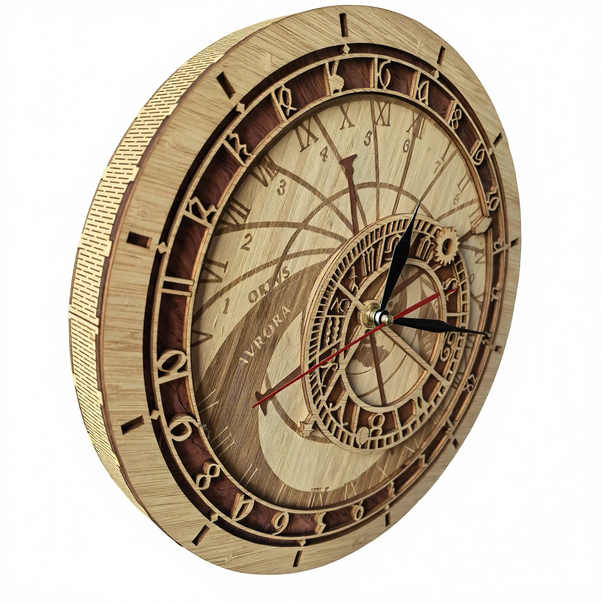 Vintage Astronomical Wooden Wall Clock Prague Orrery Inspired Zodiac Clock Handcrafted Wood Art Home Decor Astronomy Lovers Gift