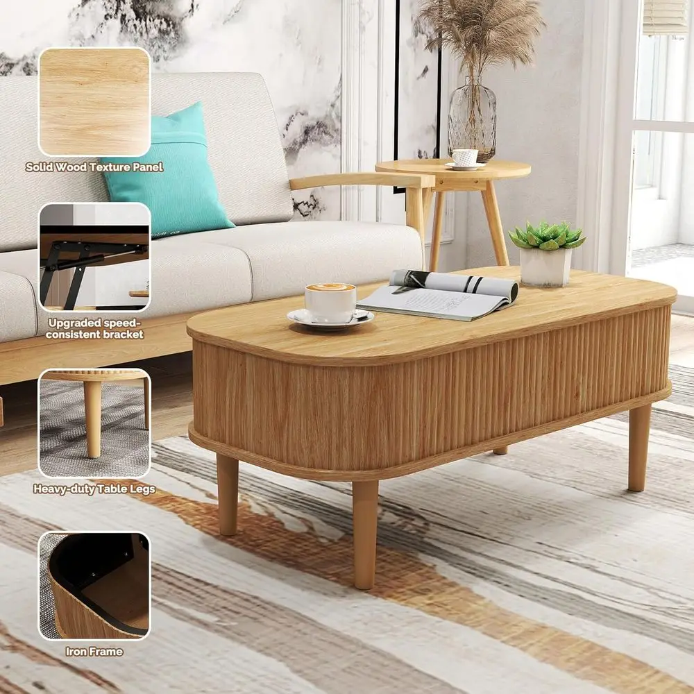 Mid-Century Oval Lift-Top Coffee Table with Storage, Natural Finish, Ideal for Living Rooms, Offices, and Compact Spaces