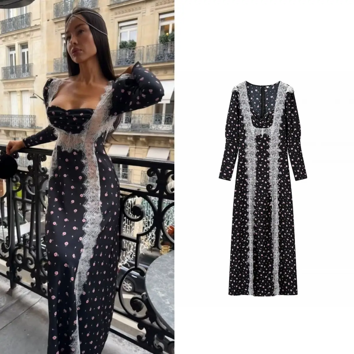 2026 New Women's Clothing French Retro Temperament Elegant and Sweet Floral Printing Lace Splicing Dress Long Dress