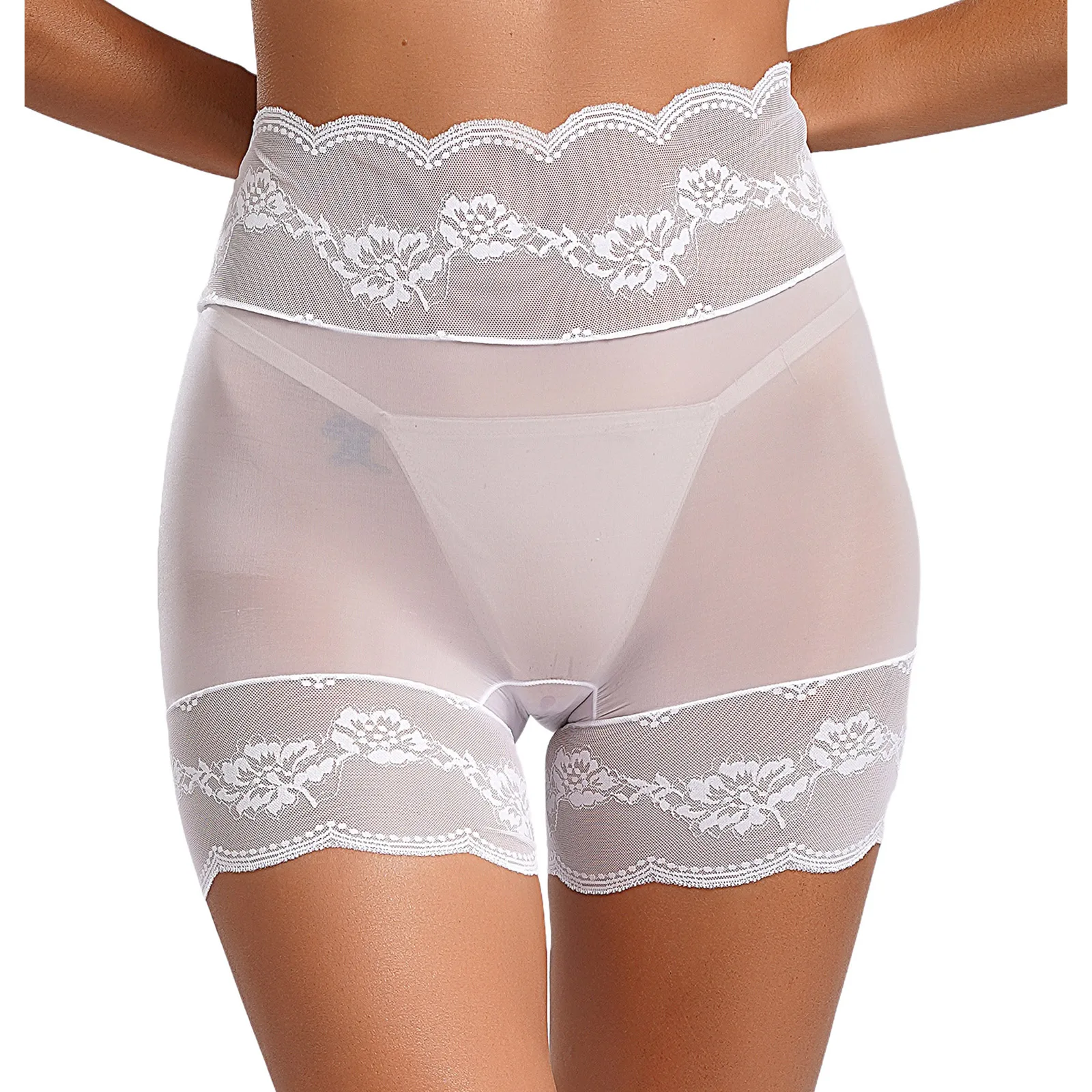 Short de sécurité taille haute en dentelle transparente pour femme, sous-vêtement moulant, lingerie amusante, vêtements de nuit flirty, sexy