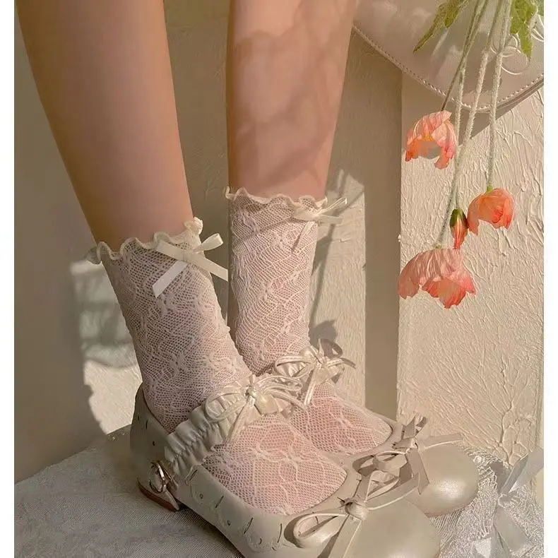 Women's Sock Spring Summer Breathable Ultra Thin Lace Sock Colored Bow Girl Thin Sock Simple Fashion Trend Solid Color Wholesale