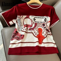 4.18 KlasonBell Fashion Print Silk Spliced Raglan Short Sleeve T-Shirt Women O-Neck Loose Comfortable Wool Knitwear