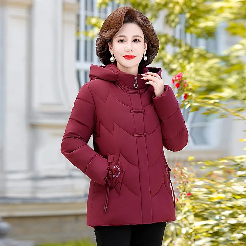 Women\'s Winter Puffer Cotton Padded Jacket Grandma Hooded Fleece Thick Parkas Warm Loose Retro Embroidery Snow Coat Loose Female