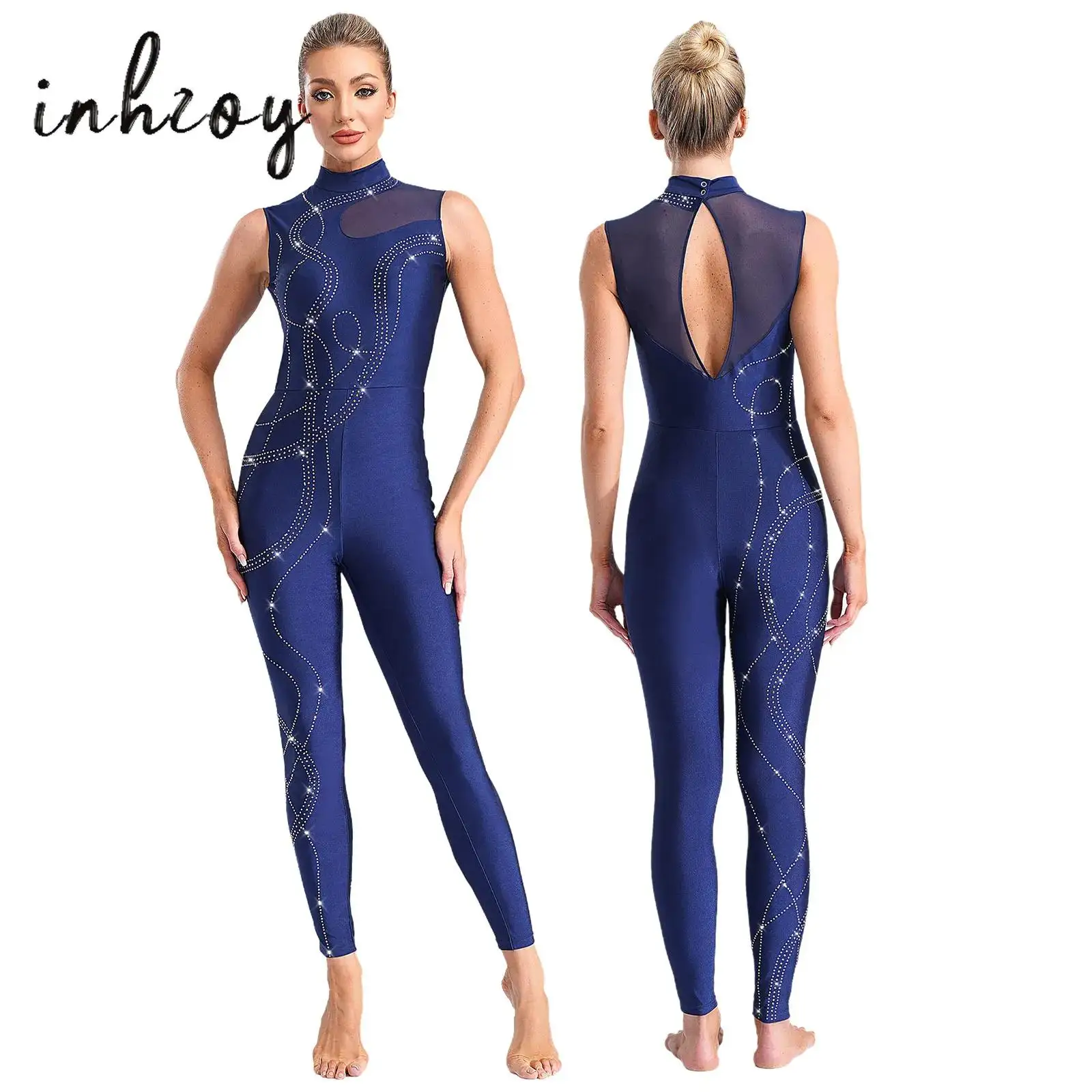 

Women Ballet Dance Gymnastics Jumpsuit Rhinestone Sleeveless Skating Acrobatics Performance One Piece Full Body Leotard Bodysuit