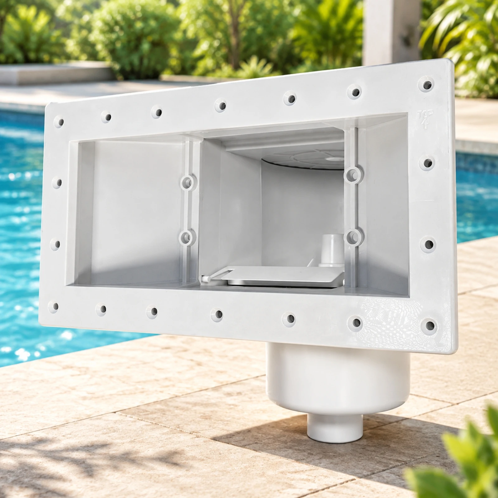 Wide Mouth Pool Skimmer with Debris Collection Chamber and Mounting Flange for Inground Pool Cleaning