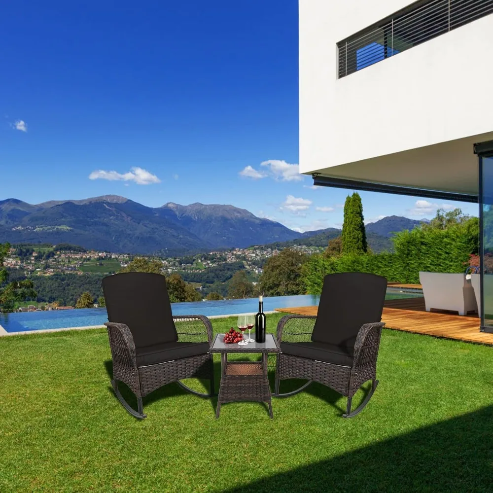 3 Pcs Rocking Bistro Set Conversation Chairs PE Wicker Outdoor Rocking Chairs Garden Furniture Sets Outdoor Furniture