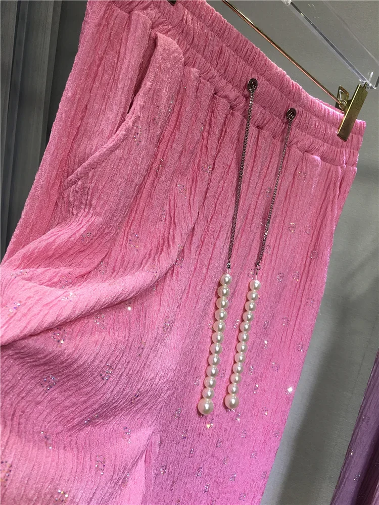 A-Letters Sequined Straight Trousers Hot Drilling Diamonds Pleated Pants Silky Rhinestones Capris Wide Legs Pearls Drawstring