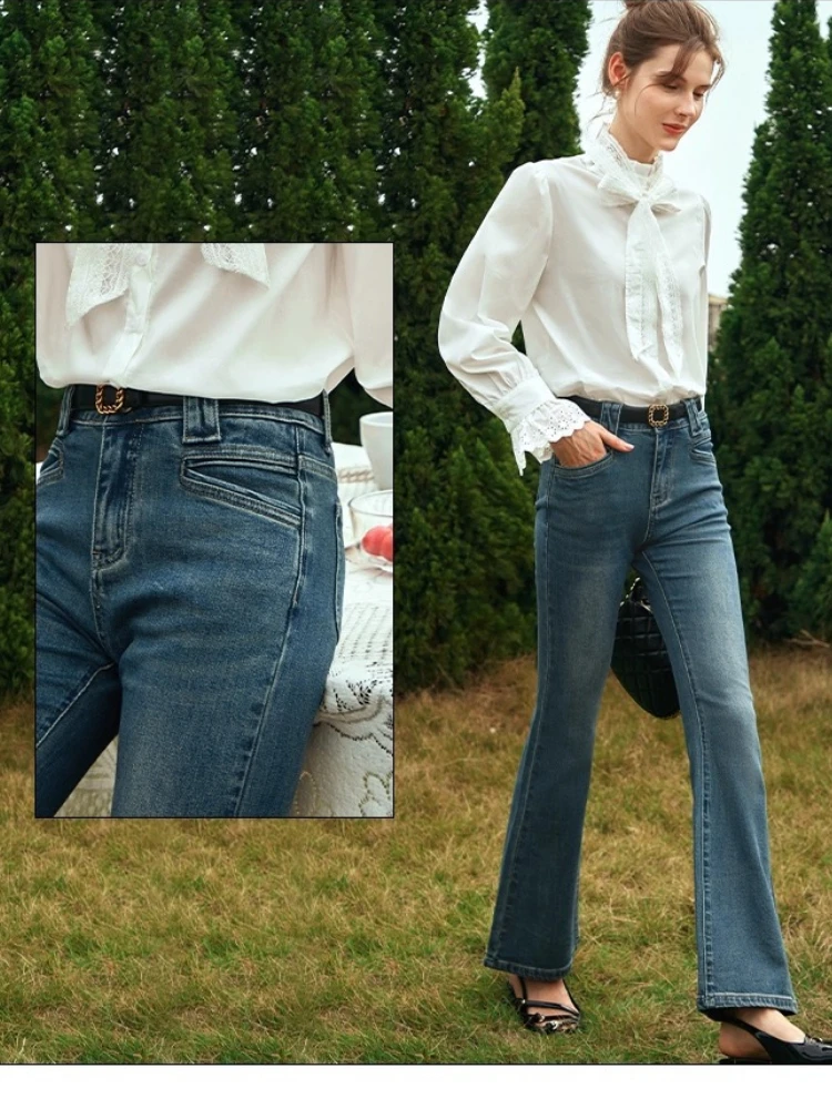 

OLrain Women's Retro Blue Flared Jeans 2025 Autumn New Slim Fit Comfortable Long Jeans Trousers Woman Clothing O24CA89560