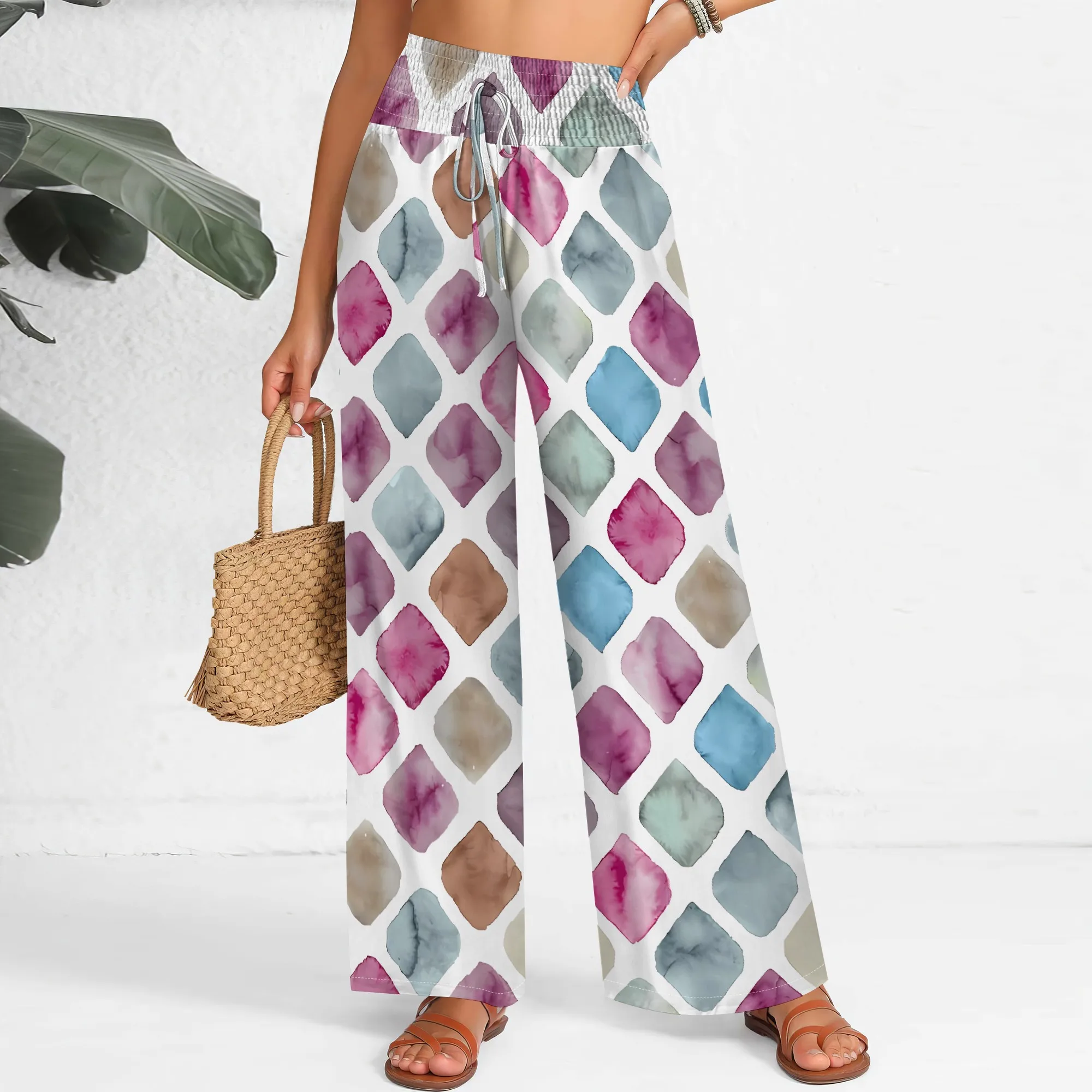 Nupusa Geometric Print Pants for Women Standard Size Summer Casual High - Waist Wide Leg Pants