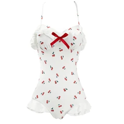 Lolita Cherry Ruffle One-Piece Swimsuit Women Bandage Lace Up Bathing Suit Swimwear Hollow Out Monokini Bodysuit Beachwear