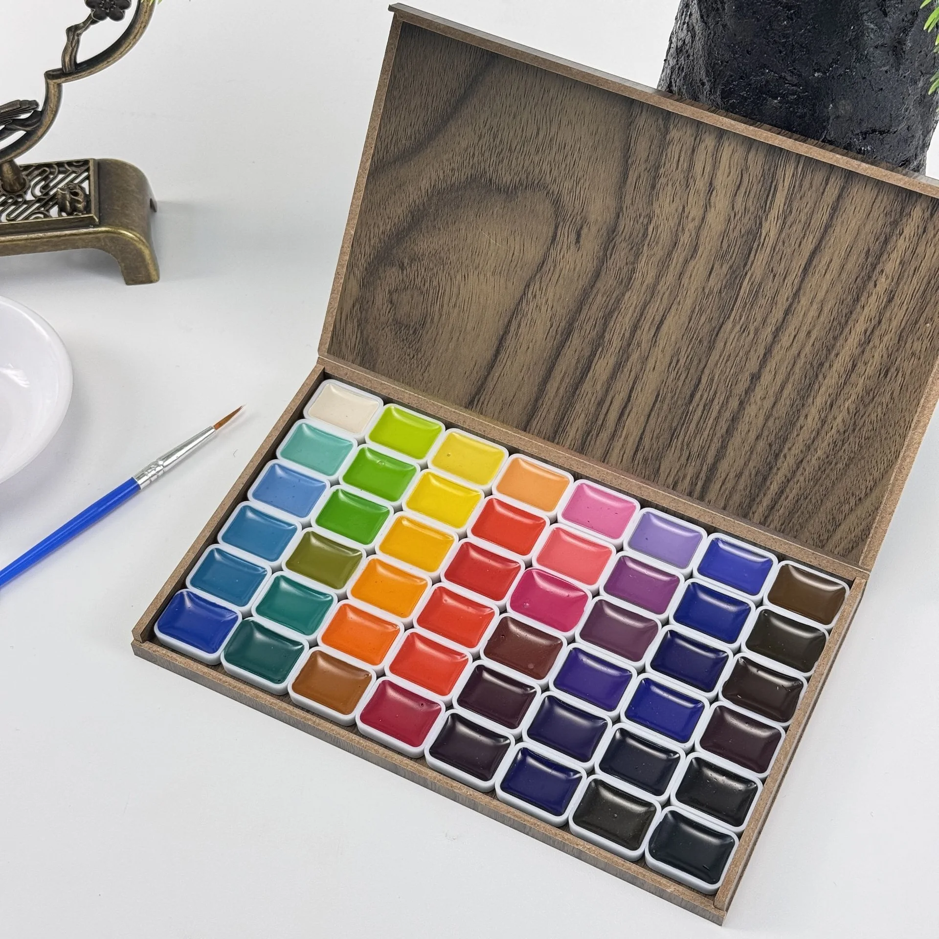 48 Color Solid Watercolor Paint Set in Wooden Box with Palette and Water Brush for Students Beginners Art Painting Sketching