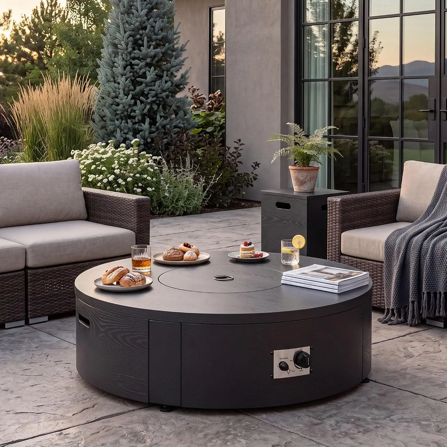 42inch Round Outdoor Propane Fire Pit Table 50000 BTU Metal Firepit with Hidden Tank Table Wind Guard Lid Rain Cover, Customized