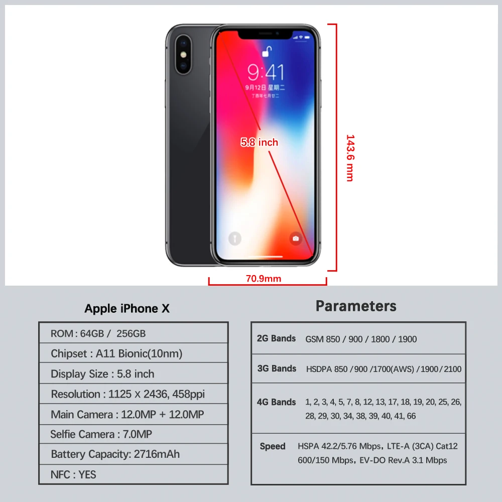 هاتف Apple iPhone X 4G الأصلي غير مقفول بذاكرة وصول عشوائي 3 جيجابايت وذاكرة قراءة فقط 64 جيجابايت/256 جيجابايت وشاشة OLED مقاس 5.8 بوصة بدقة 12 ميجابكسل + 2 + 7 ميجابكسل A11 هاتف محمول سداسي النواة