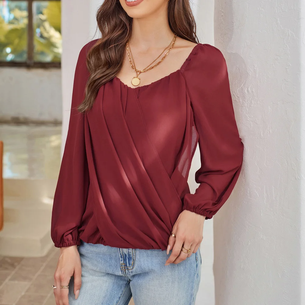 Top in tessuto a contrasto da donna GK top Pullover decorato con sovrapposizione a maniche lunghe Casual