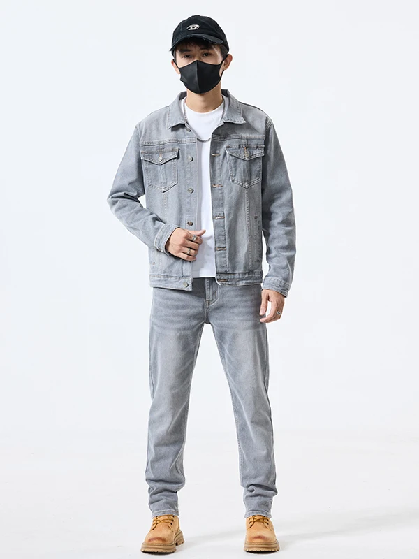 

Slim Fit Men's Denim Jaet Autumn Winter Korean Sle Faionable Two-Piece Set Jaet Youth Cotton Polyester Spandex Blend