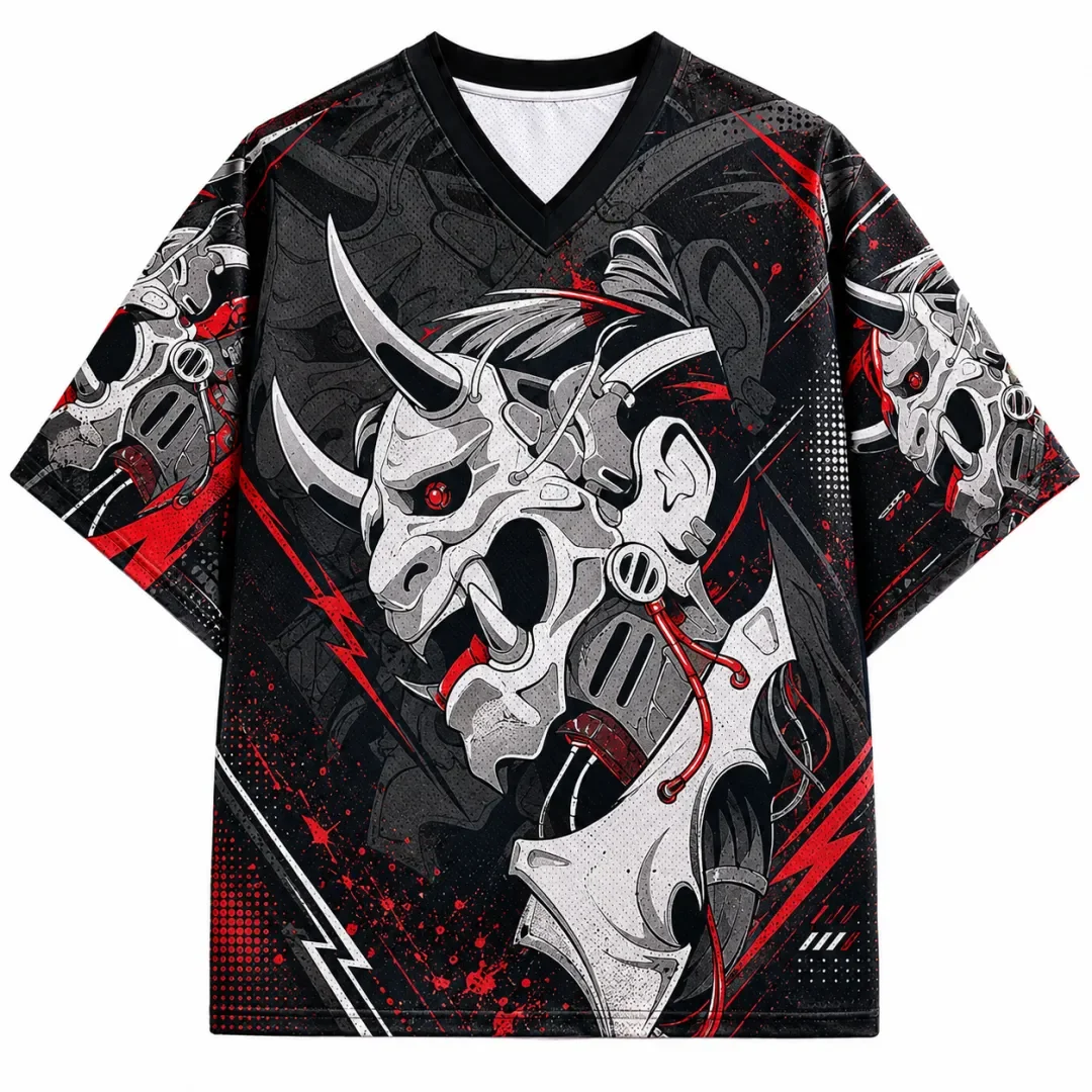 Cyber Mechanical Ghost Monster Mask Pattern Full Screen Printed Japanese Devil Future Punk Bloodstained Style Sports T-shirt