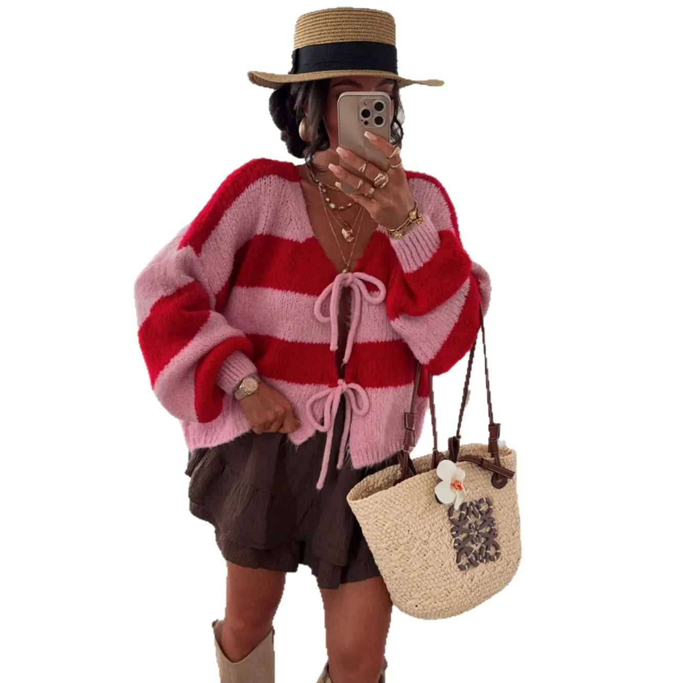 الخريف الشتاء شريط محبوك معطف المرأة أنيقة نمط الخامس الرقبة طويلة الأكمام Bowknot الدانتيل متابعة سترة سيدة تريكو الملابس معاطف #6