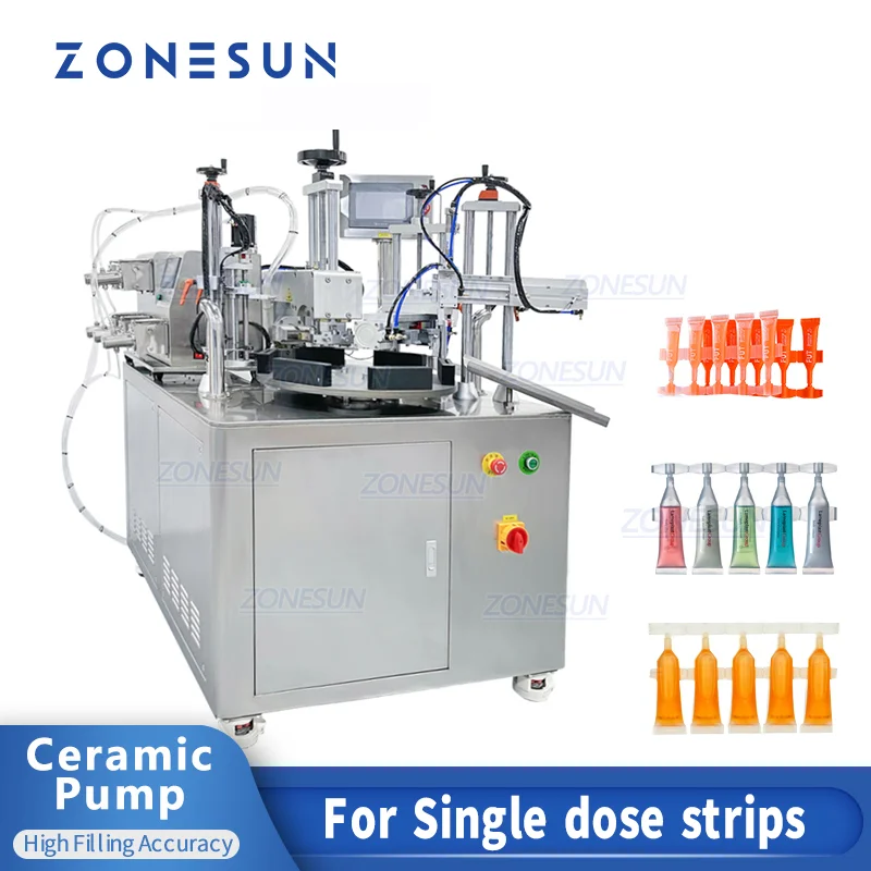 ZONESUN 5 Head Rotary Automatic Ceramic Pump Lotion Single-dose Strips Plastic Dropper Vial Pack Filling And Sealing Machine