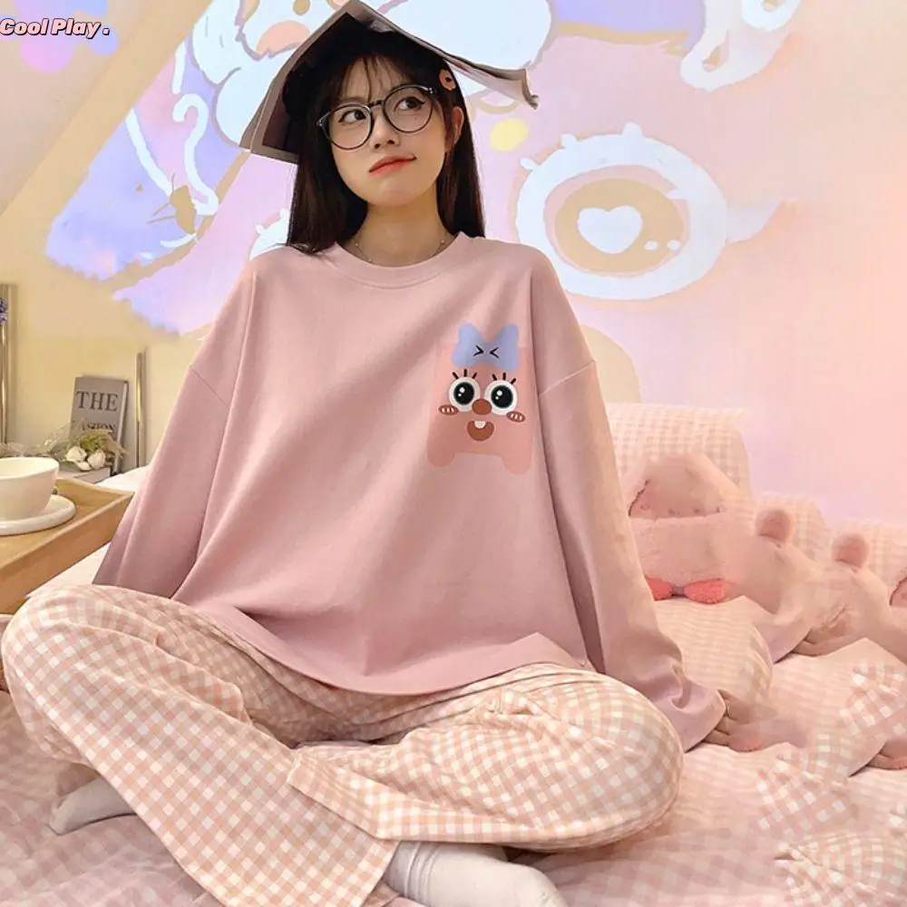 

Long-Sleeved Women's Two-Piece Pajamas Loose Fit Large Size Pajama Suit Soft Fabric Cotton Material Maternity Pajamas